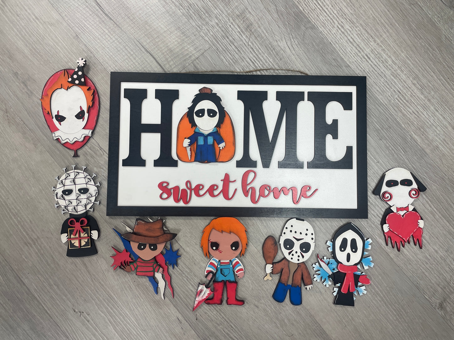 Home sweet home horror sign with interchangeable horror characters