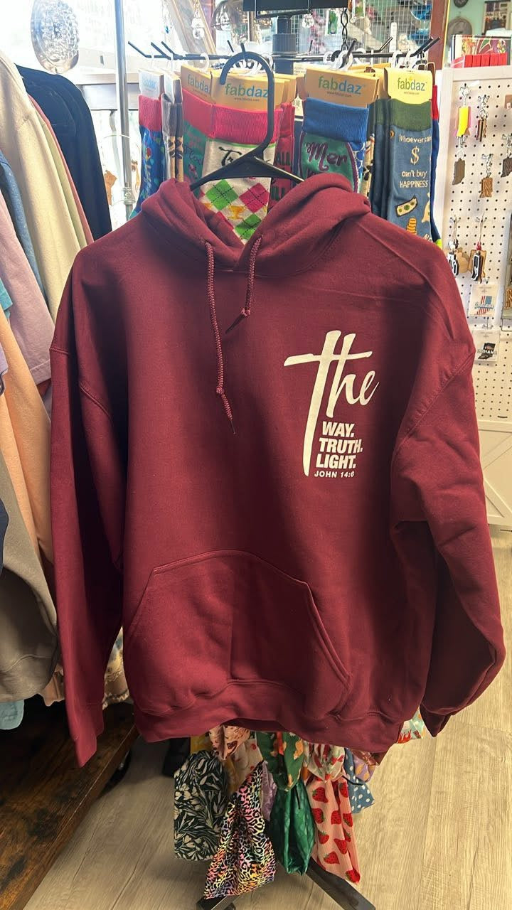 The way , the truth , the light crew Maroon hooded sweatshirt