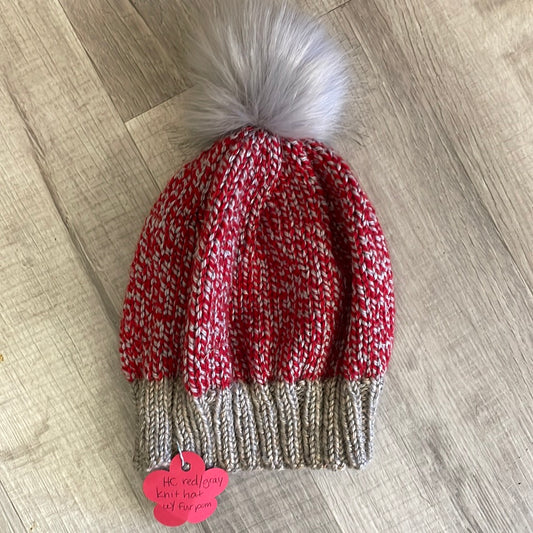 Red/gray knit hat with fur Pom