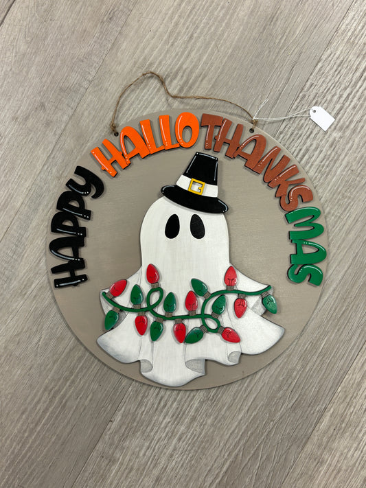 Happy hallothanksmas ghost door hanger