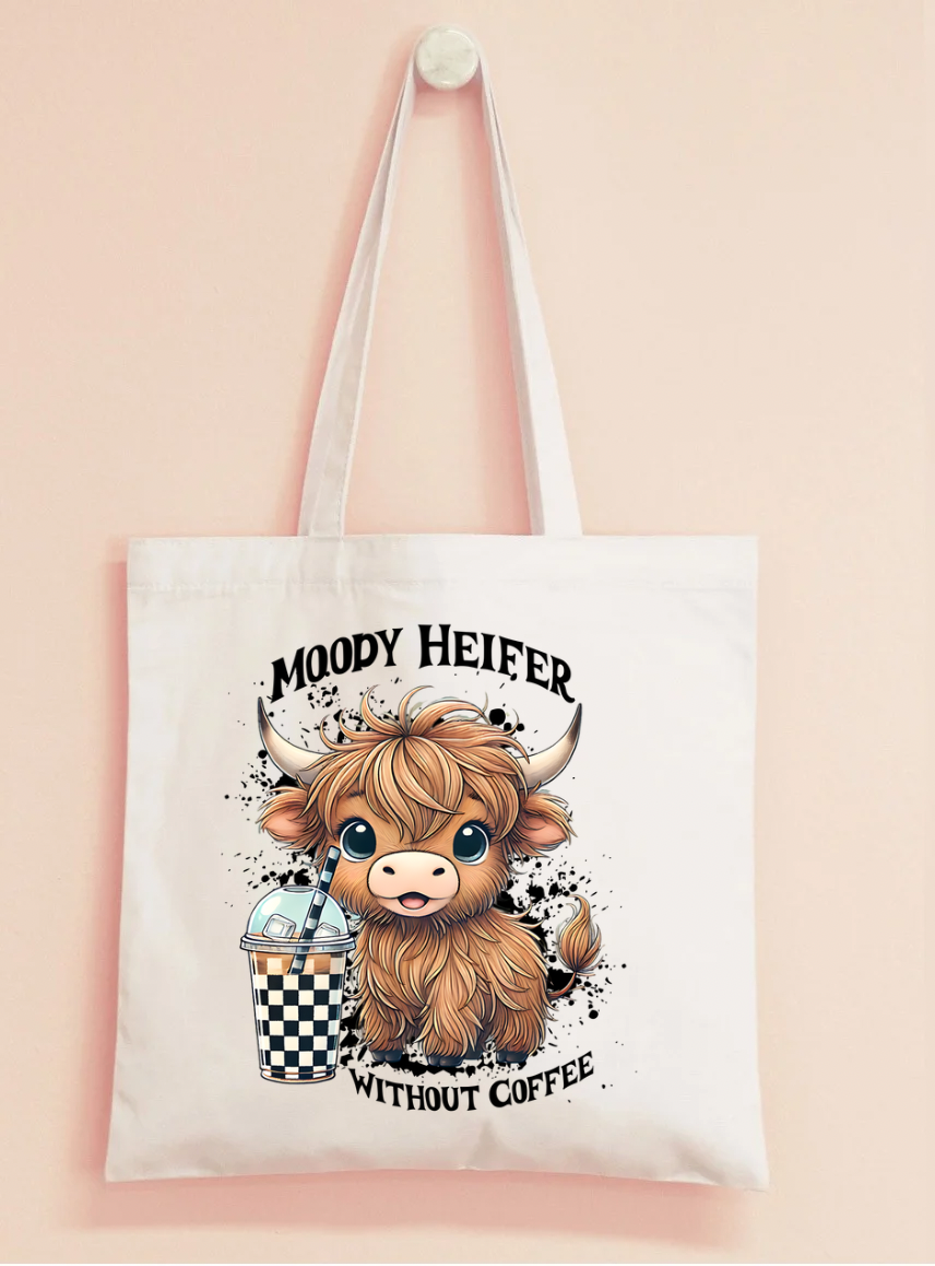 Moody Heifer before coffee tote bag
