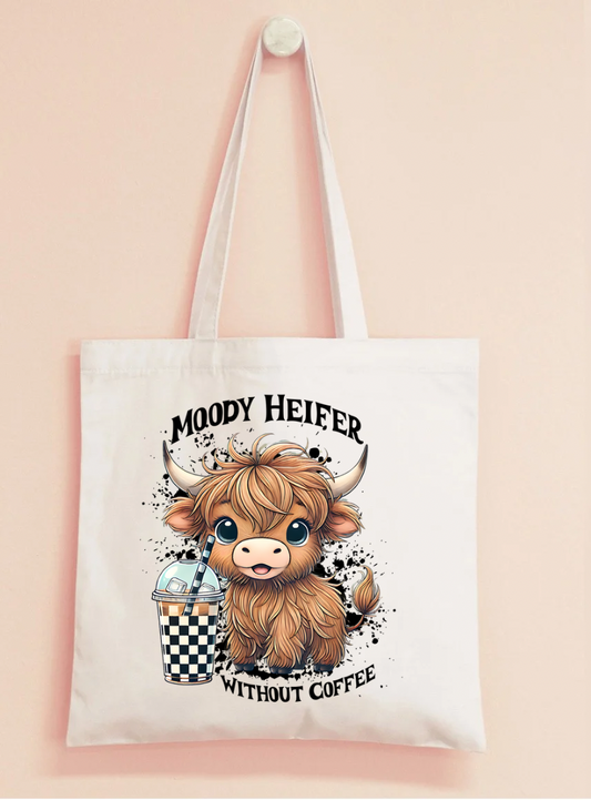 Moody Heifer before coffee tote bag